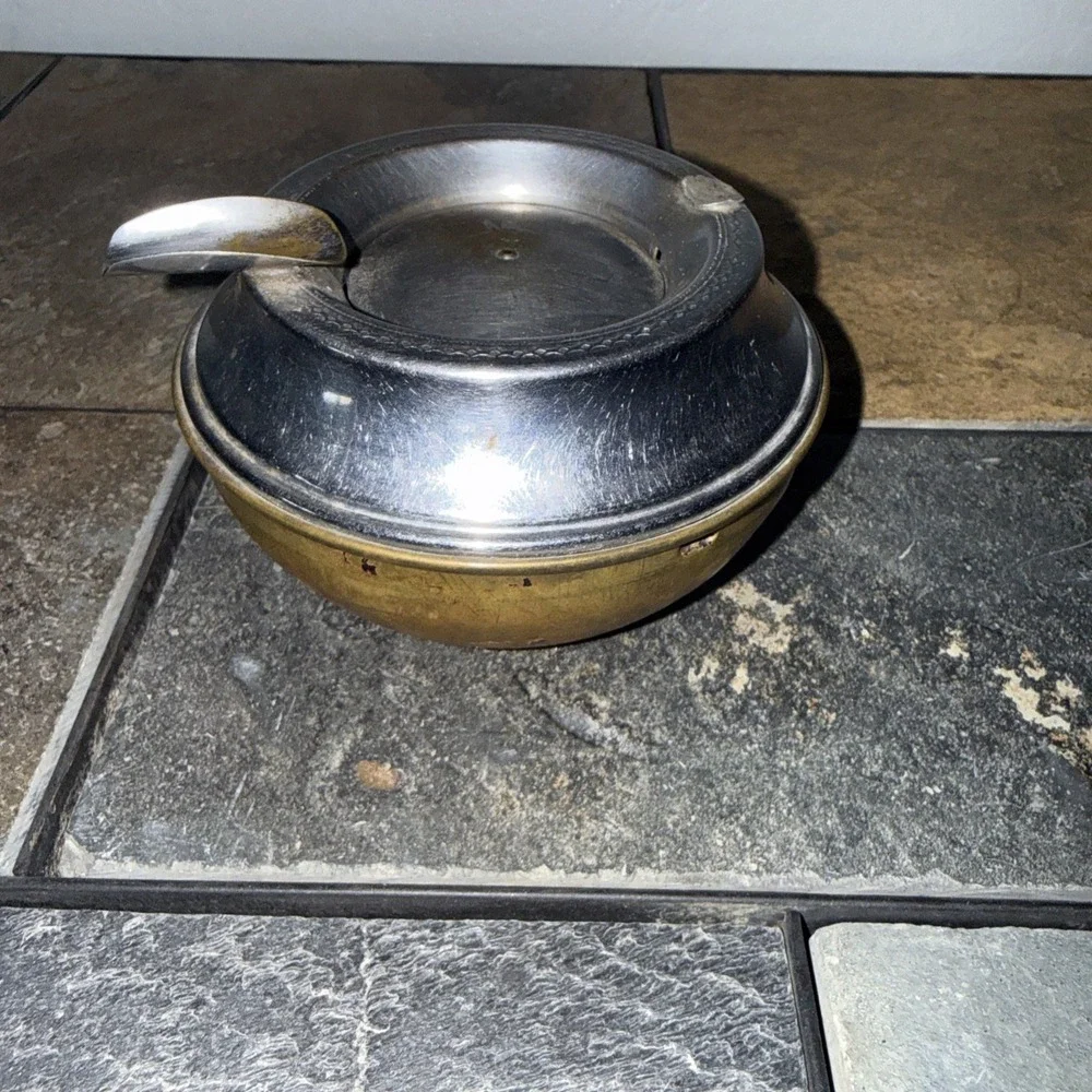 Vintage MCM Silent Butler Ashtray Chrome and Brass‎ Two Tone Metal Tobacciana
